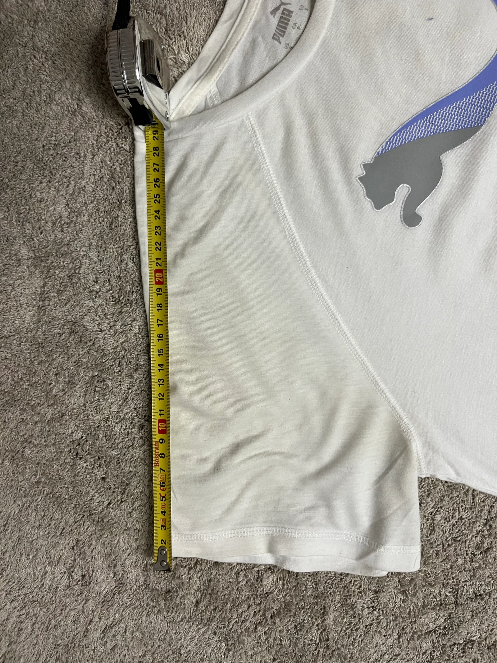 Camiseta branca puma oversize unissex sport com logo cinza e lilás – photo 4